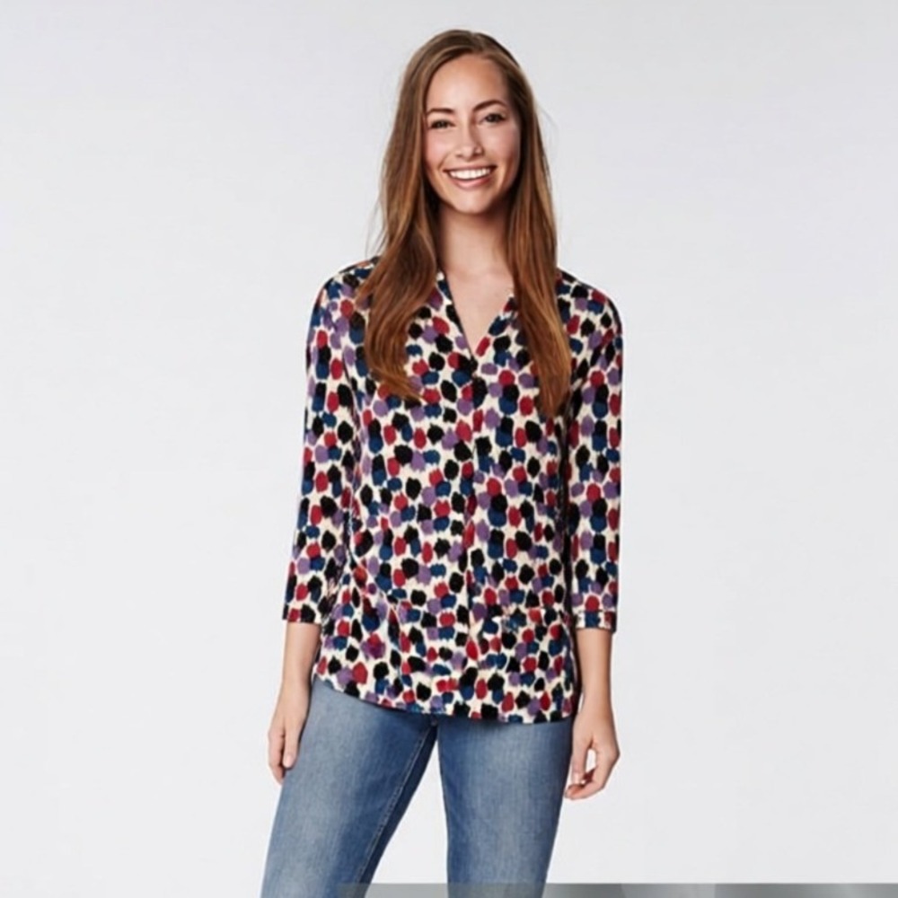 Rafaella Studio Women S Multi Color Ikat Polka Dot Sequin V-Neck 3/4 Top NWT $65